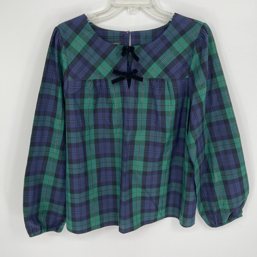 Talbots Women's Green Merriment Tartan Plaid Metallic Bow Popover Blouse Size L